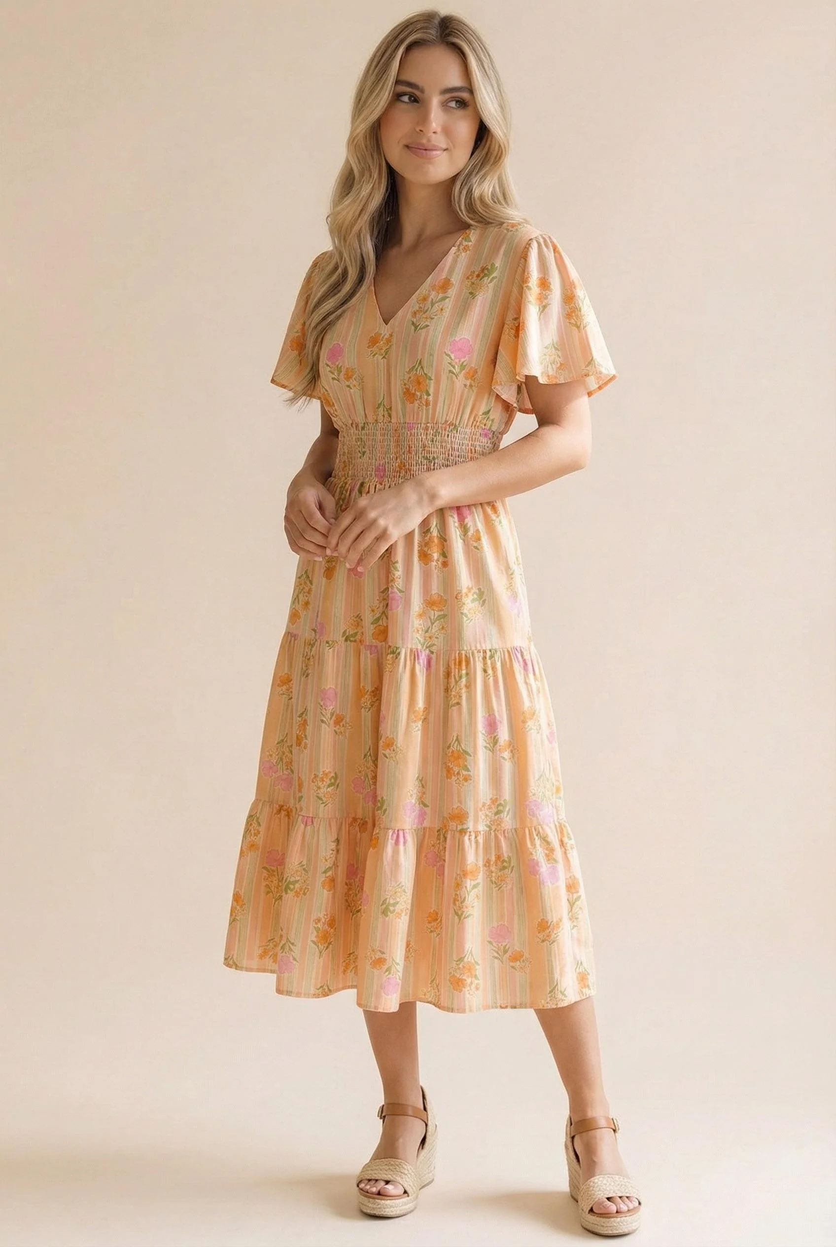 PLUS PEACH V NECK SMOCKED WAIST TIERED MIDI FLORAL DRESS - Image 5
