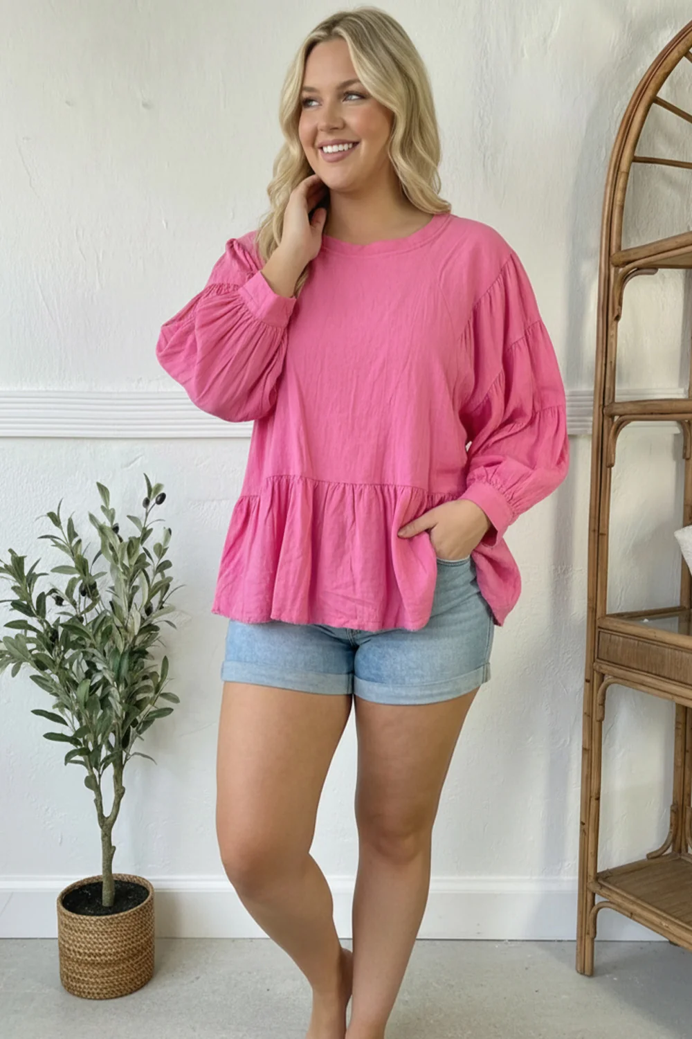 Plus Pink Cotton Solid Blouse - Image 5