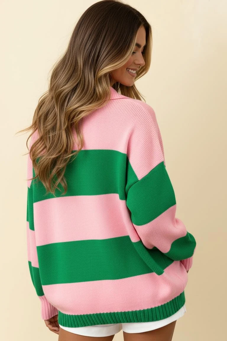 PLUS PINK/GREEN COLLARED STRIPE COLOR BLOCK SWEATER KNIT TOP - Image 3