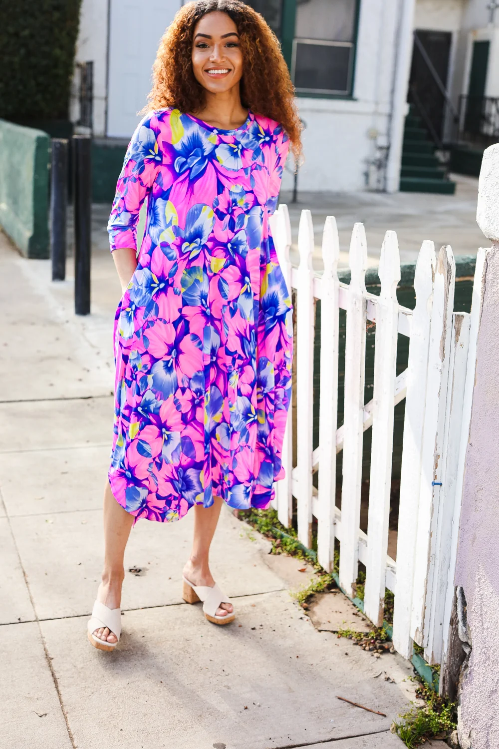 Plus Pink & Purple Floral 3/4 Sleeve Dress - Image 6