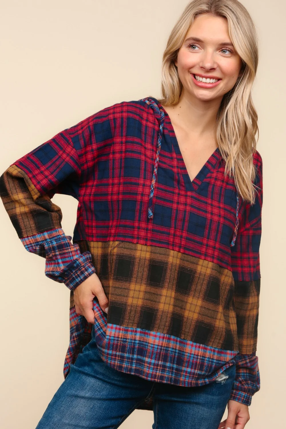 PLUS PLAID CHECK OVERSIZED HOODIE EDGE CUT DETAIL - Image 4