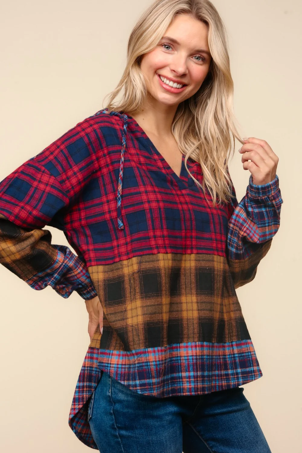 PLUS PLAID CHECK OVERSIZED HOODIE EDGE CUT DETAIL - Image 7