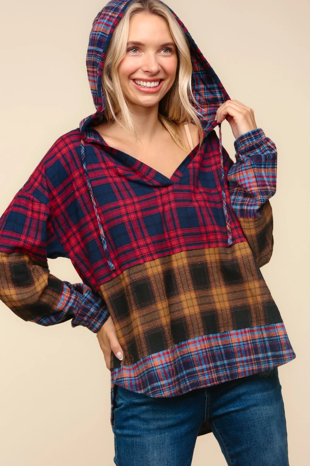 PLUS PLAID CHECK OVERSIZED HOODIE EDGE CUT DETAIL - Image 8