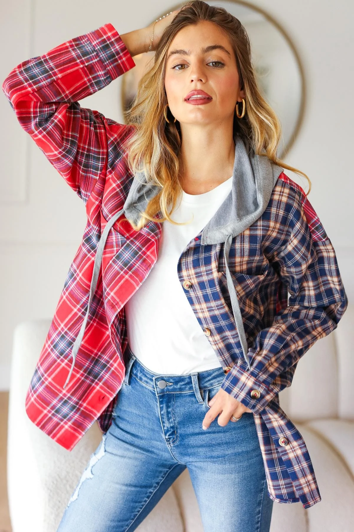Plaid Check Solid French Terry Button Down Hooded Sweater - Image 7