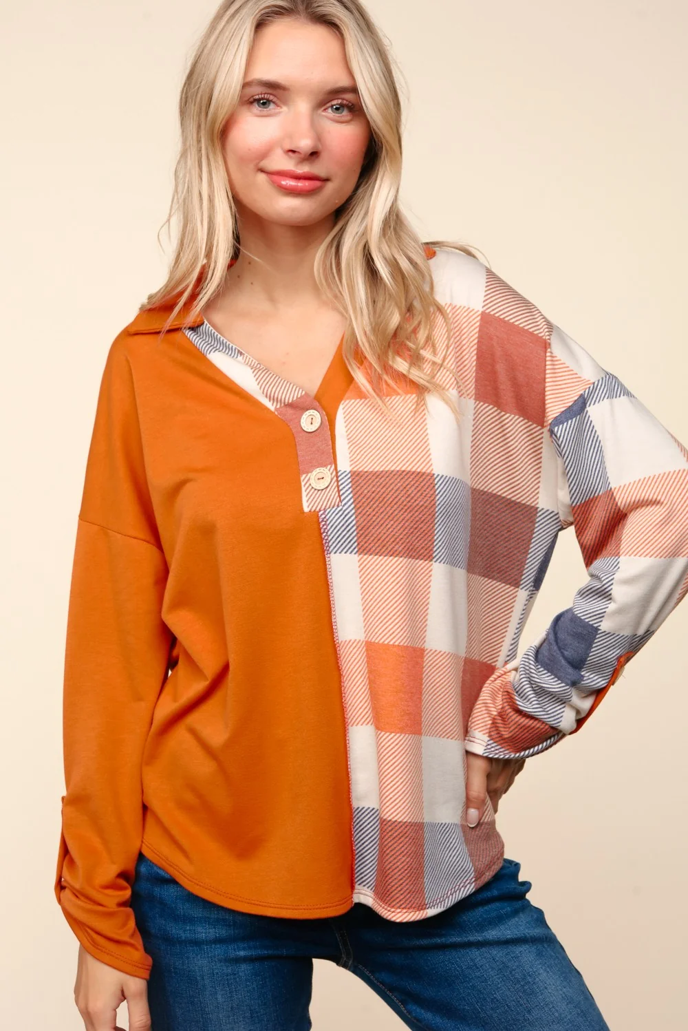 PLUS PLAID CHECKER PRINT FRENCH TERRY KNIT TOP - Image 2