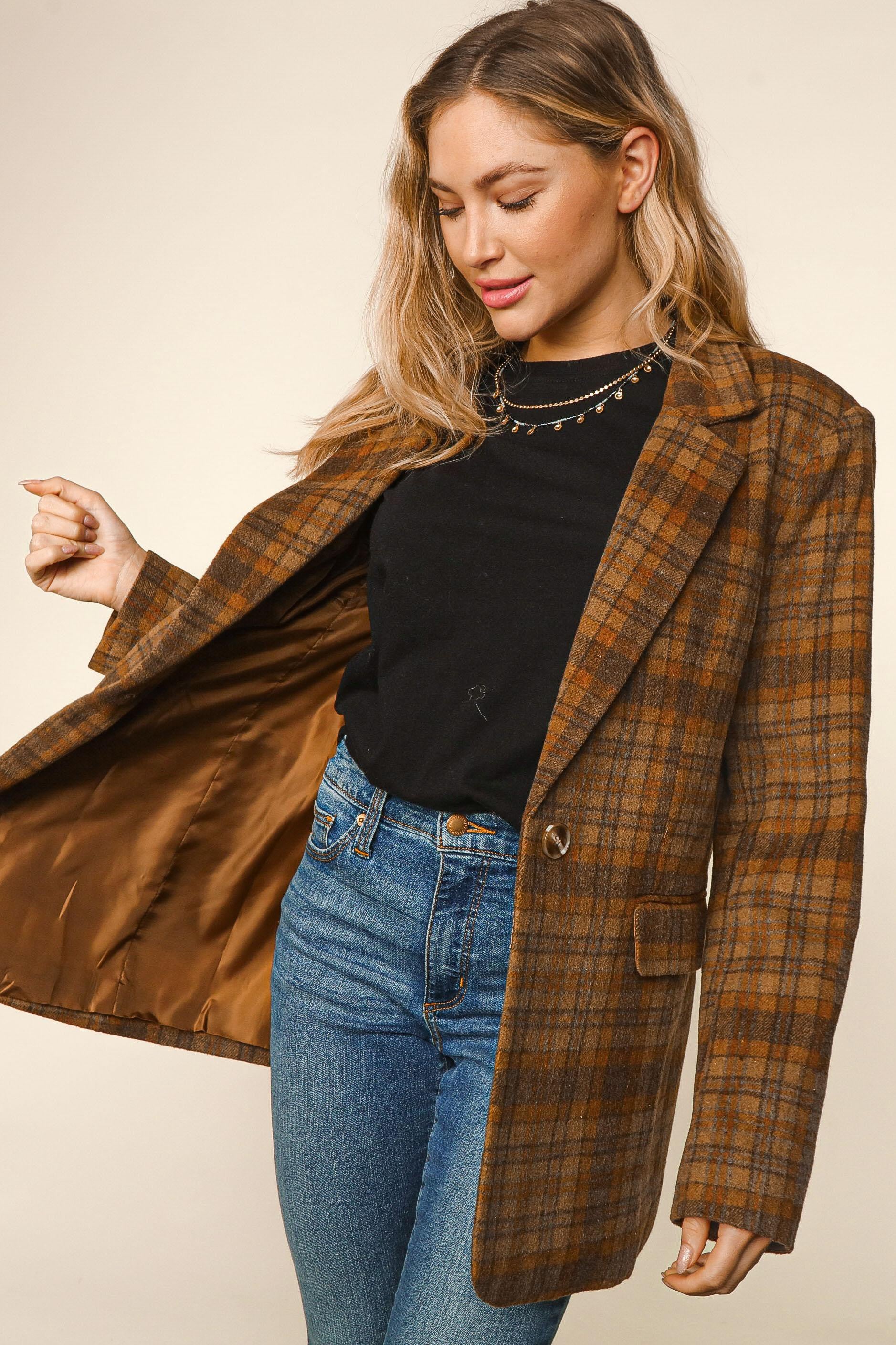 PLAID COLLAR AND LAPEL BUTTON DOWN BLAZER - Image 2