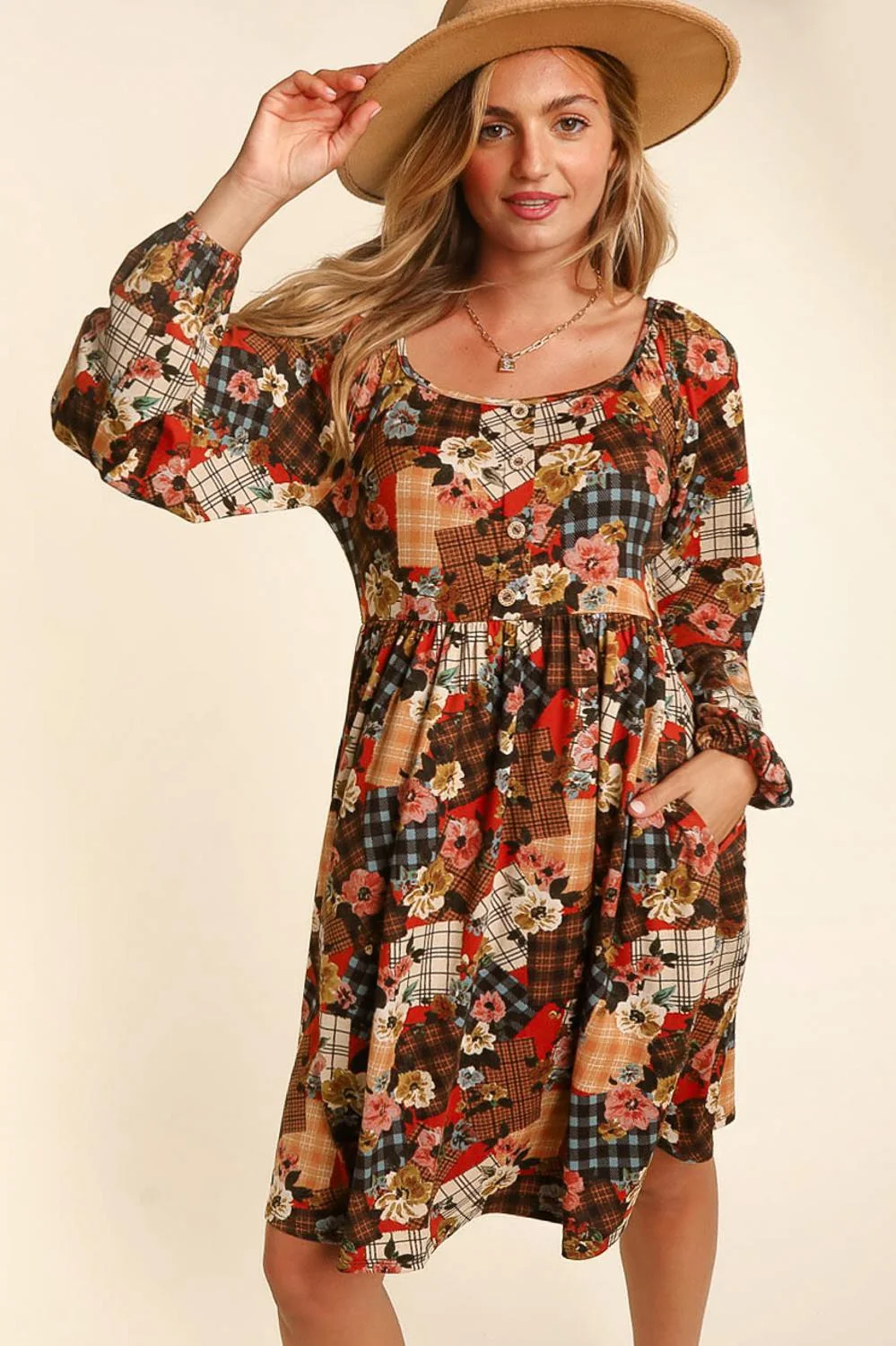 PLUS PLAID FLORAL PATCHWORK BUTTON DOWN BABYDOLL - Image 5