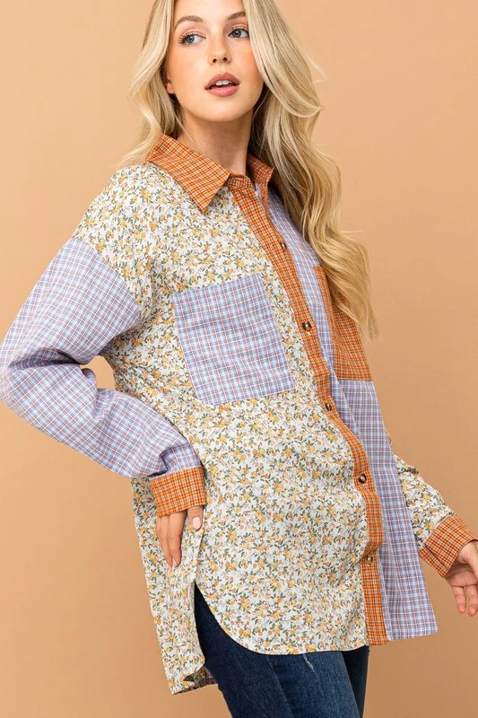 Plus Plaid Floral Patchwork Design Top - Image 7