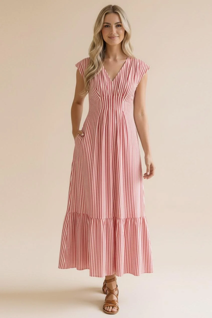 PLUS PLEATED BACK SMOCKED WAIST STRIPE WOVEN MAXI DRESS - Image 11