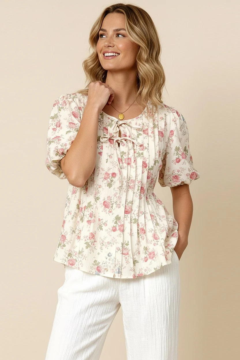 PLUS PLEATED RIBBON FLORAL BUBBLE SHORT SLEEVE TOP - Image 4