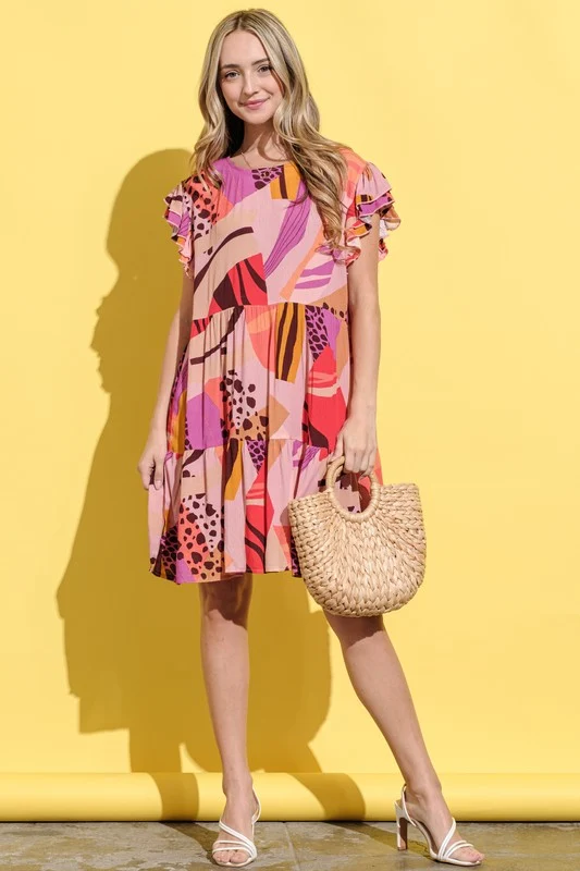 Printed Double Ruffles Sleeve Casual Dress - Image 6