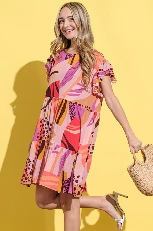Printed Double Ruffles Sleeve Casual Dress - Image 7