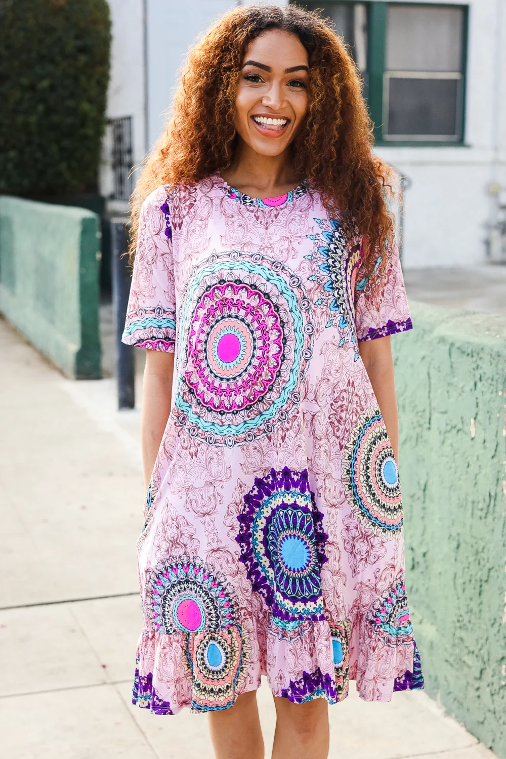Printed Ruffle Pocketed T Shirt Dress