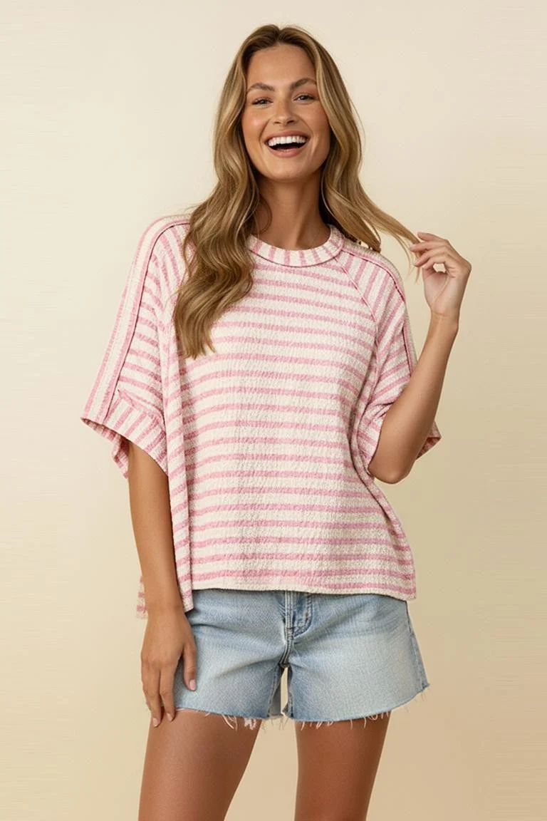RAGLAN SHORT SLEEVE OVERSIZED STRIPE KNIT TOP - Image 6