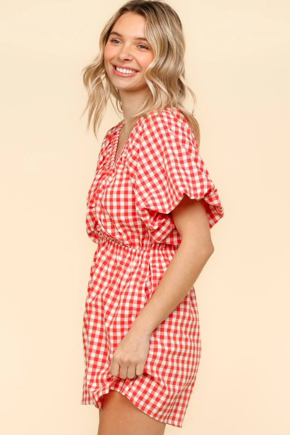 Plus Red Gingham Check Woven Romper with Side Pockets - Image 4