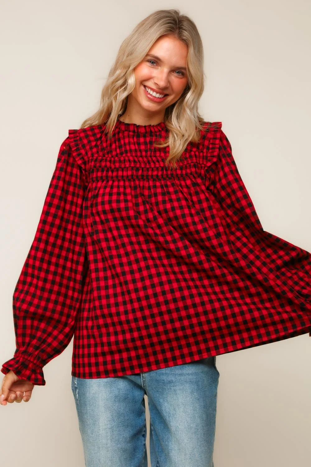 RED Mock Neck Gingham Check Woven Blouse - Image 10