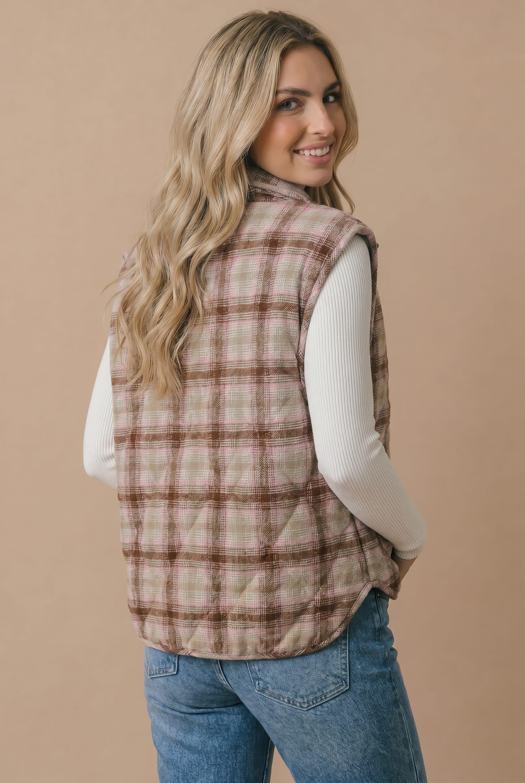 Plus Red Navy Plaid Reversible Quilted Vest - Image 9
