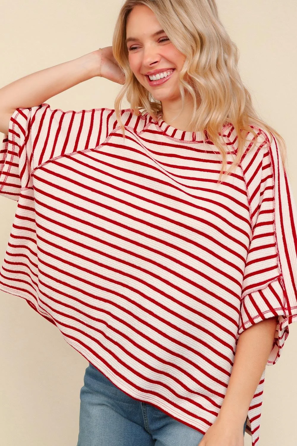 RED OVERSIZED TOP W/ OUTSEAM REVERSE STITCHES - Image 8