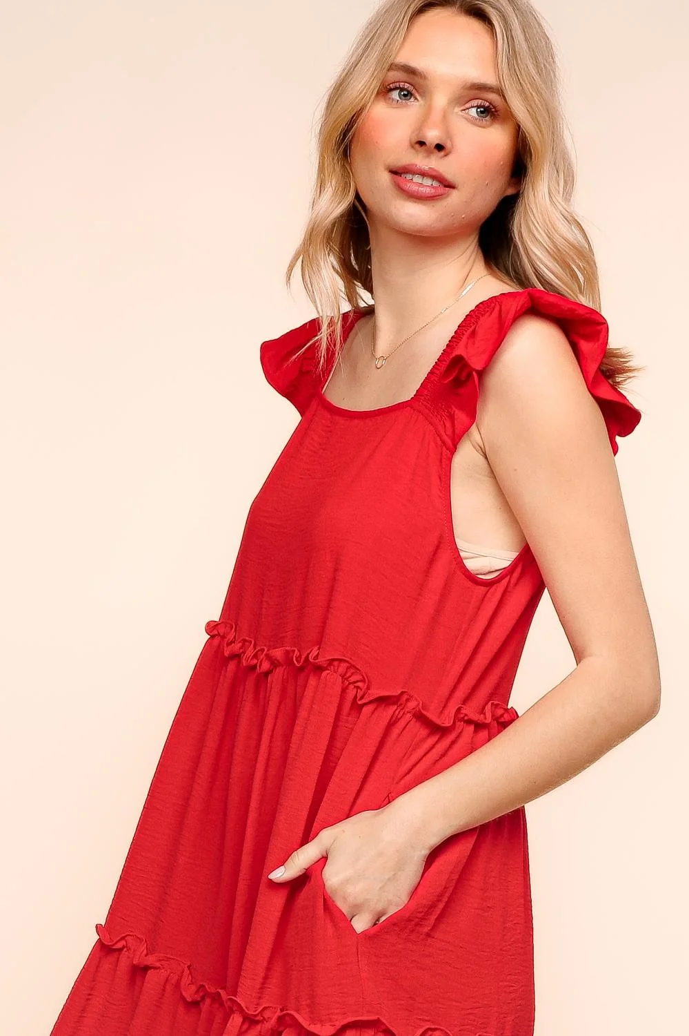Plus Red Solid Woven Midi Length Dress W/Side Pocket - Image 4