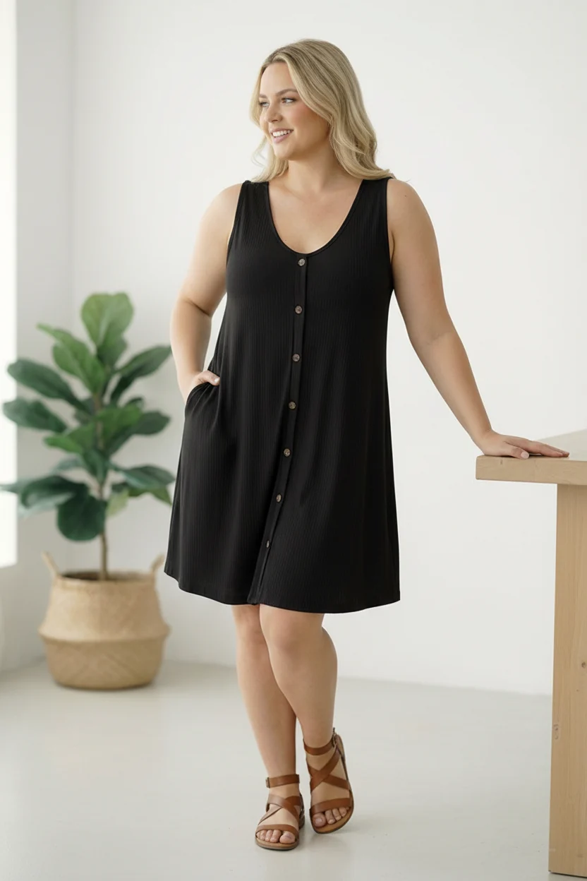 Plus Ribbed Button Dress - Image 2