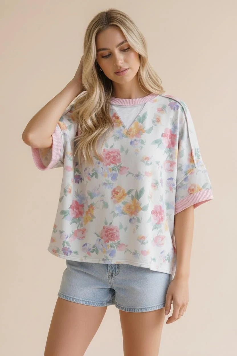 Ribbed Crewneck Oversized Floral Print Top - Image 6