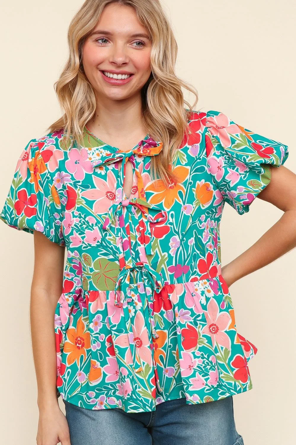 RIBBON BOW TIE ROUND NECK FLORAL WOVEN TOP - Image 7