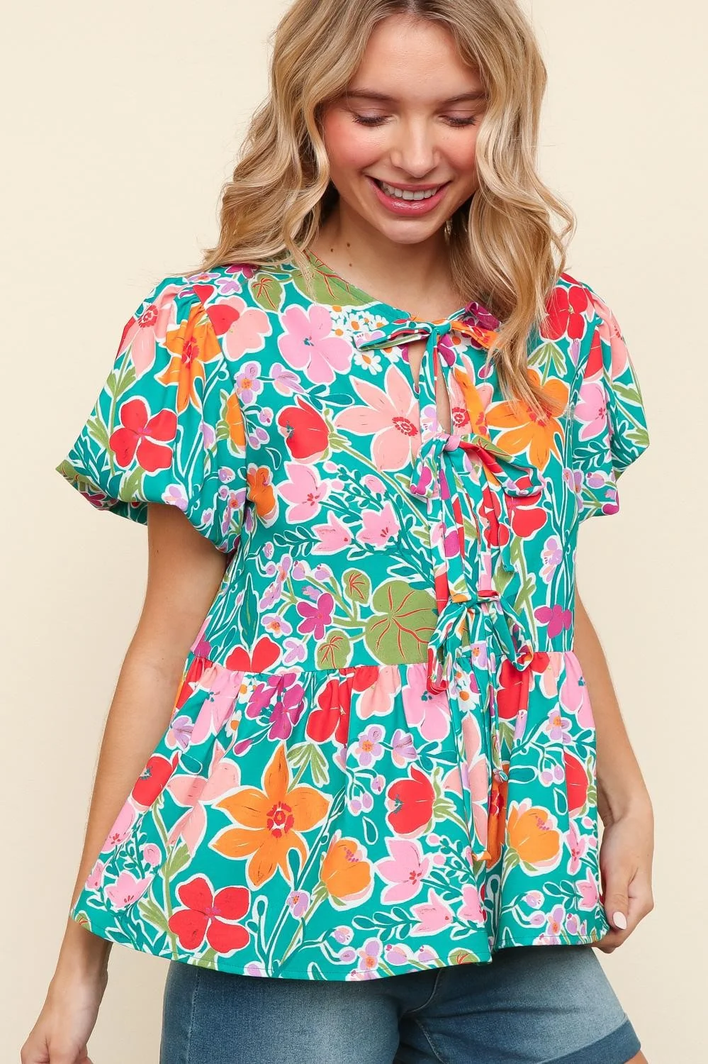 RIBBON BOW TIE ROUND NECK FLORAL WOVEN TOP - Image 4