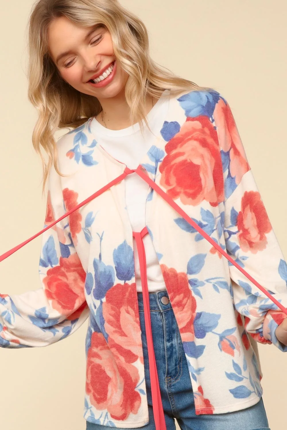 RIBBON TIE BRUSHED FLORAL PRINT SWEATER KNIT - Image 4
