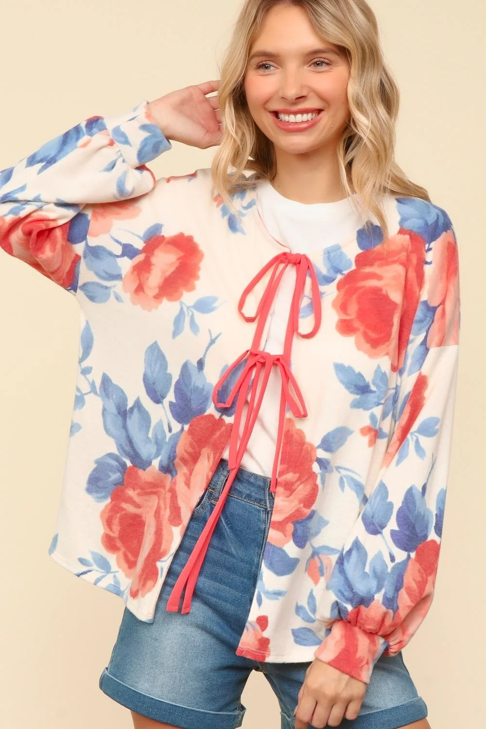 RIBBON TIE BRUSHED FLORAL PRINT SWEATER KNIT