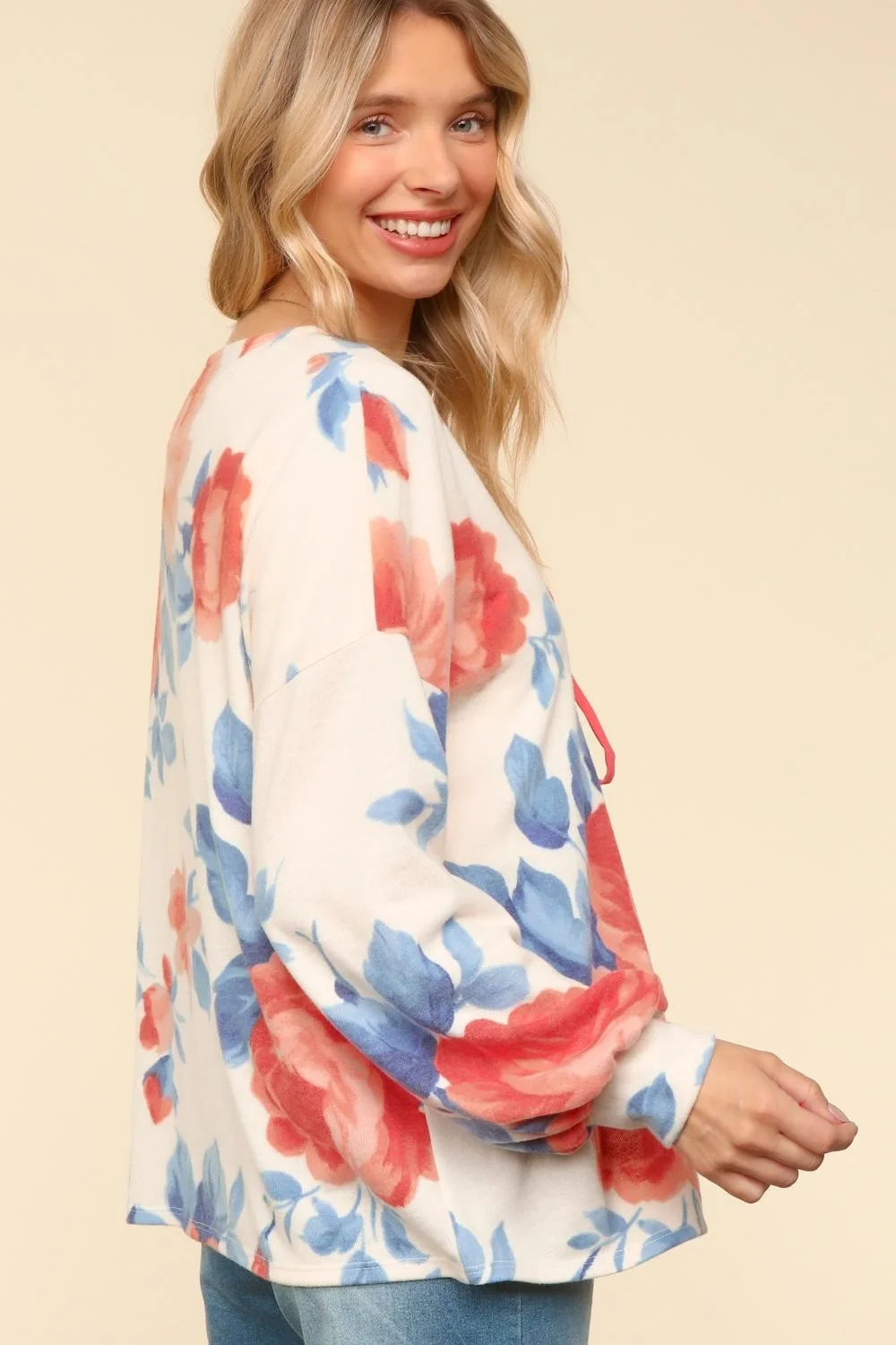RIBBON TIE BRUSHED FLORAL PRINT SWEATER KNIT - Image 3