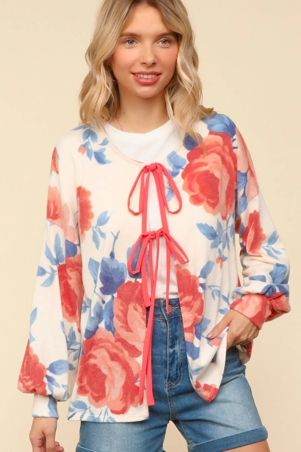 RIBBON TIE BRUSHED FLORAL PRINT SWEATER KNIT - Image 6