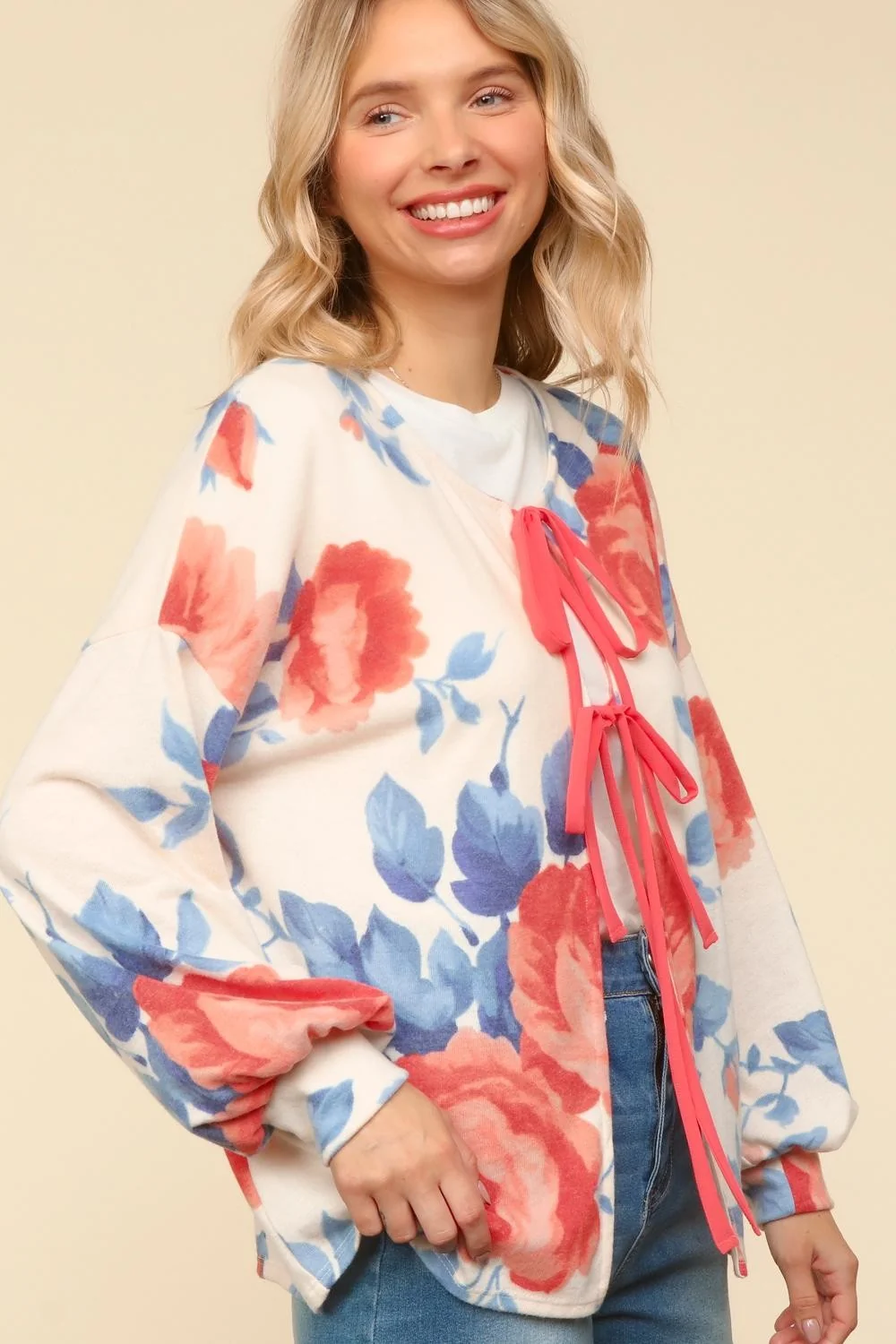 RIBBON TIE BRUSHED FLORAL PRINT SWEATER KNIT - Image 7