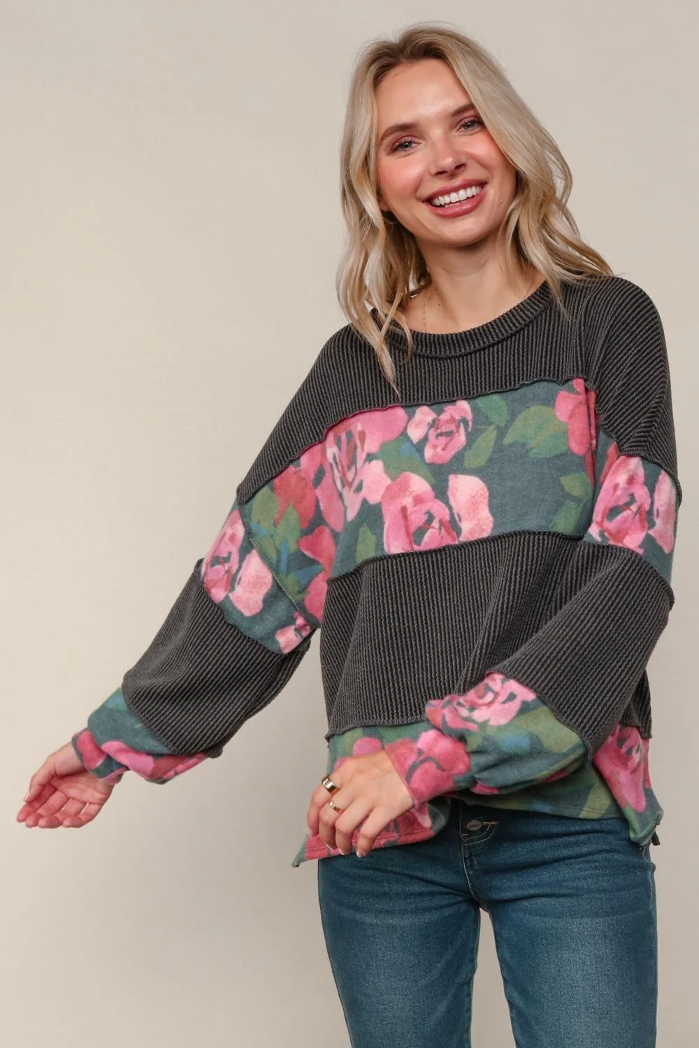 PLUS ROUND NECK BUBBLE LONG SLEEVE KNIT TOP - Image 3