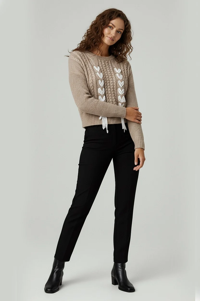 ROUND NECK CABLE PATTERN LACE BOW SWEATER - Image 3