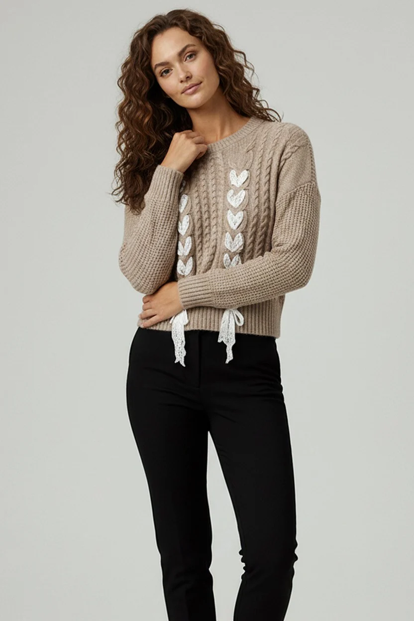 ROUND NECK CABLE PATTERN LACE BOW SWEATER - Image 4
