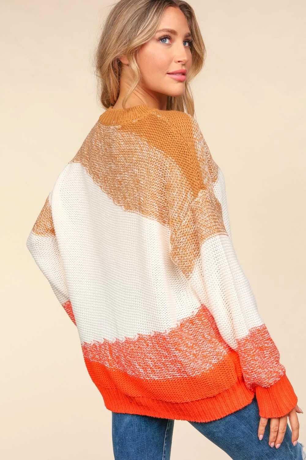 Plus Round Neck Color Block Loose Fit Oversized Sweater - Image 8