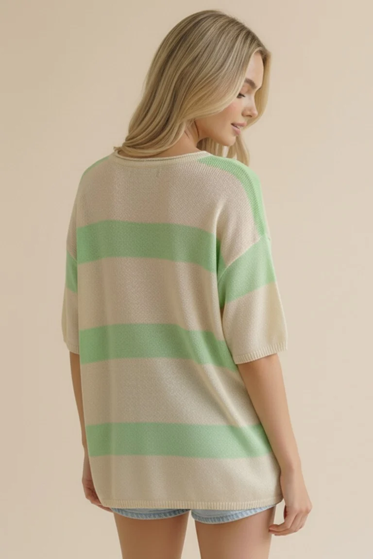 ROUND NECK SHORT SLEEVE STRIPE SWEATER TOP - Image 10