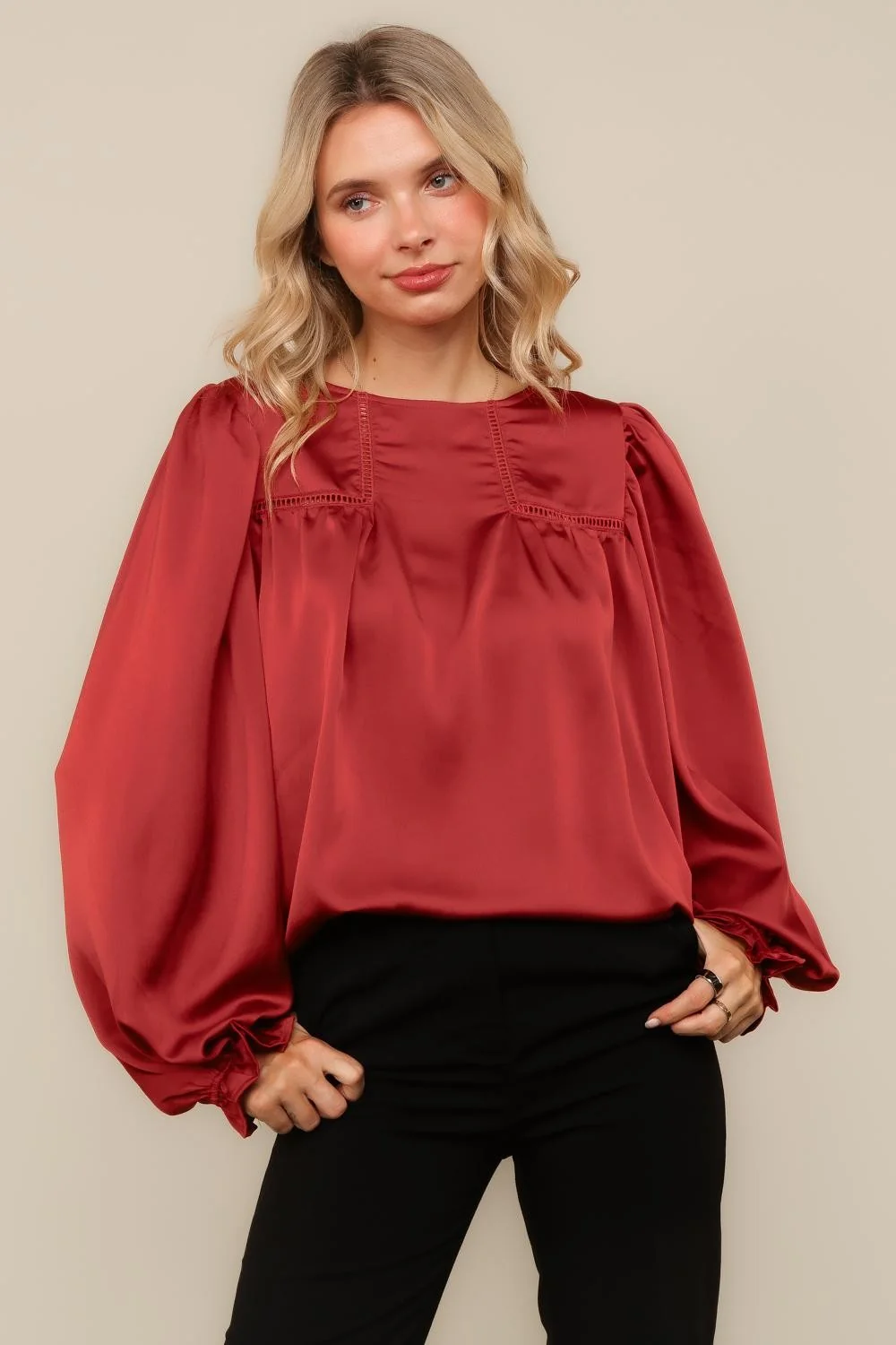PLUS RUST BUBBLE LONG SLEEVE WITH BACK NECK BUTTON HOLIDAY TOP - Image 2