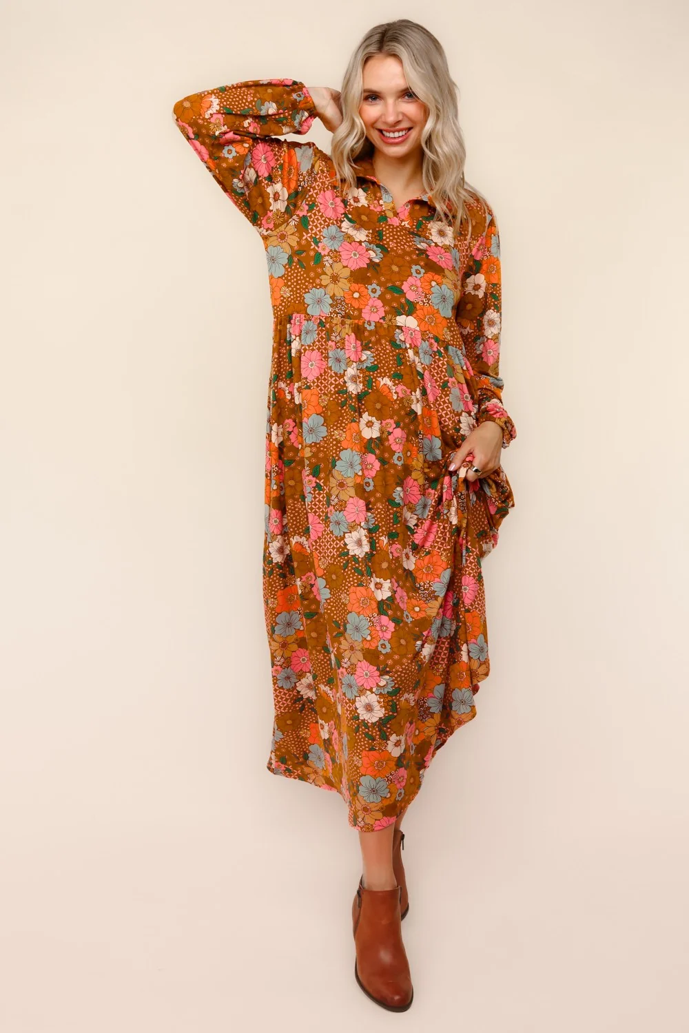 Rust Collared Notch Neck Babydoll Maxi Knit Dress - Image 4
