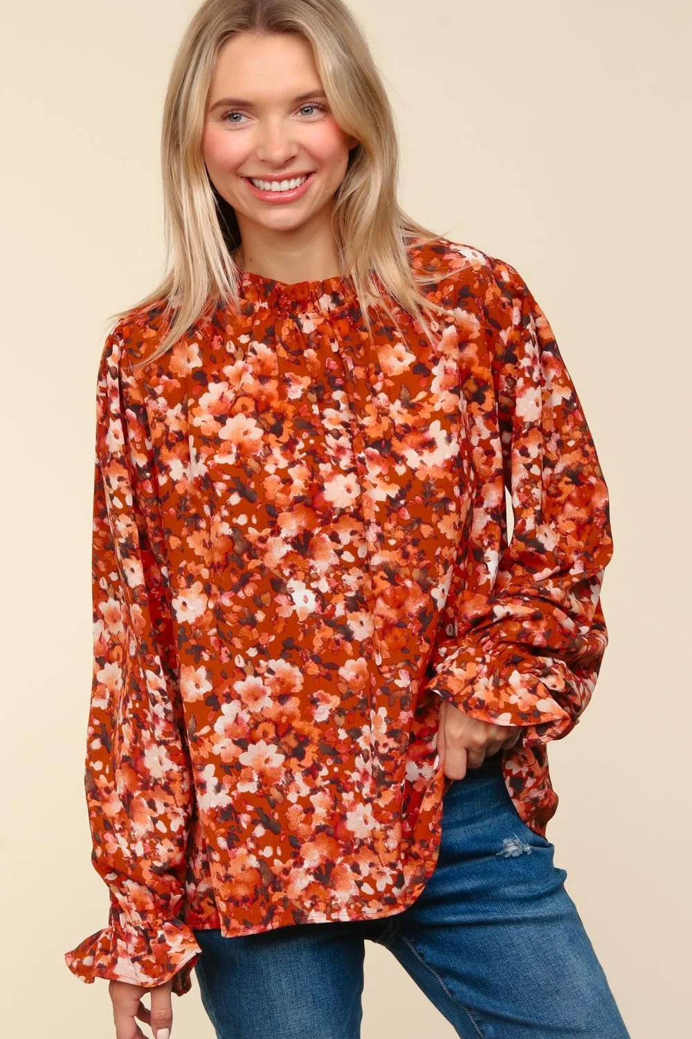 Plus Rust Frilled Mock Neck W/Button Floral Print Top - Image 5