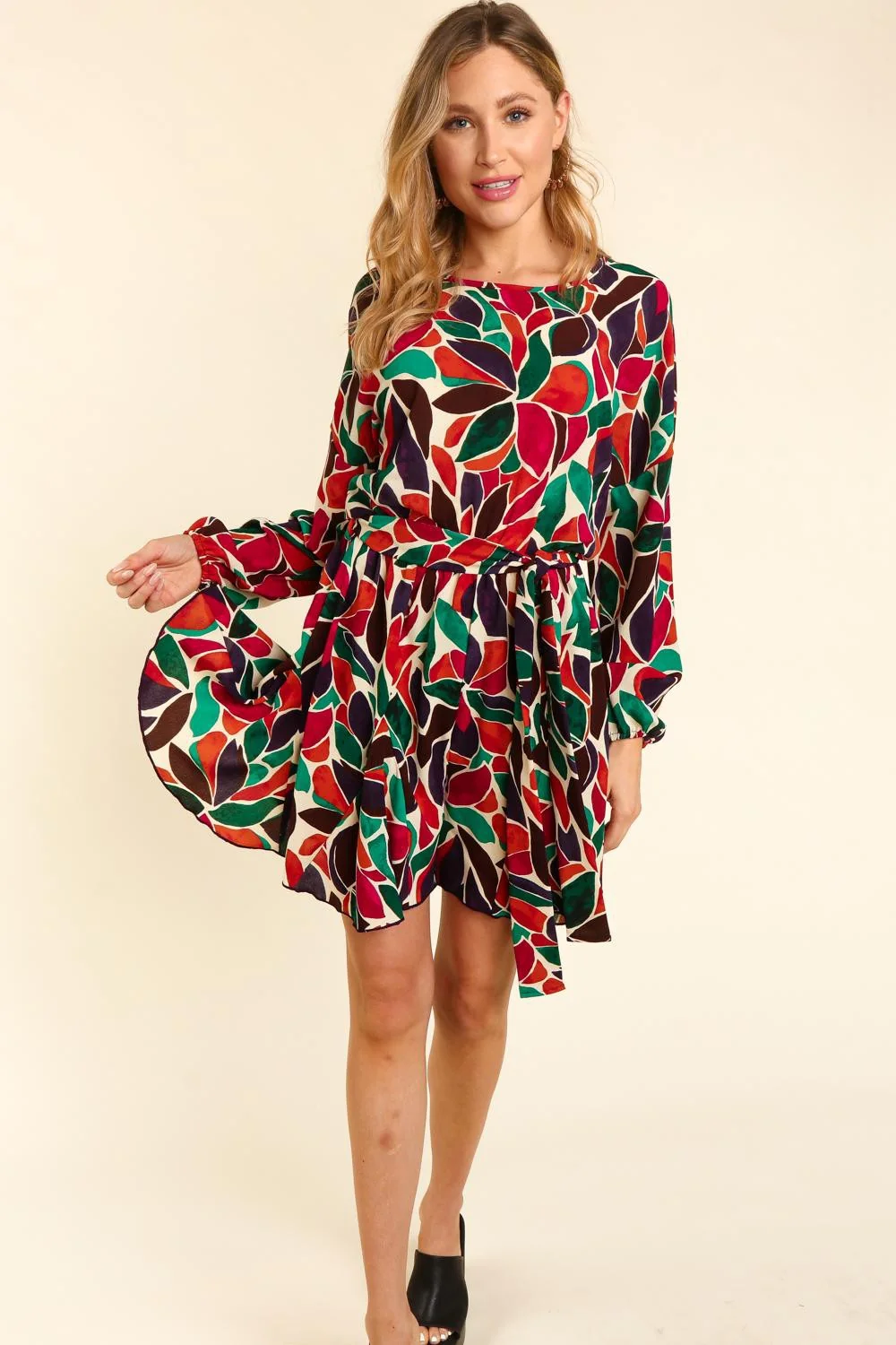 Plus Rust Hunter Green & Chocolate Abstract Print Elastic Waist Bubble Long Sleeve With Back Button Romper - Image 3