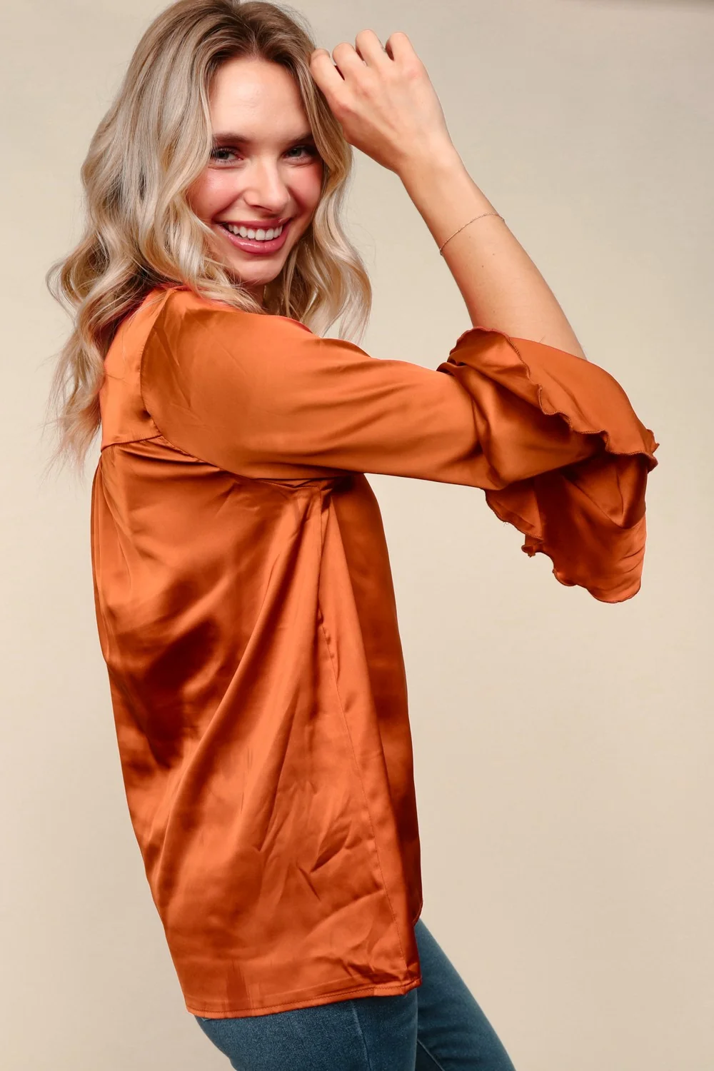 Rust Solid Satin Blouse W/Ruffle Hem Holiday Sleeve - Image 4