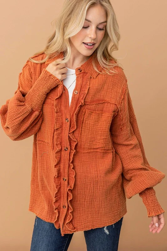 Plus Rust Washed Cotton Button Down Blouse - Image 6