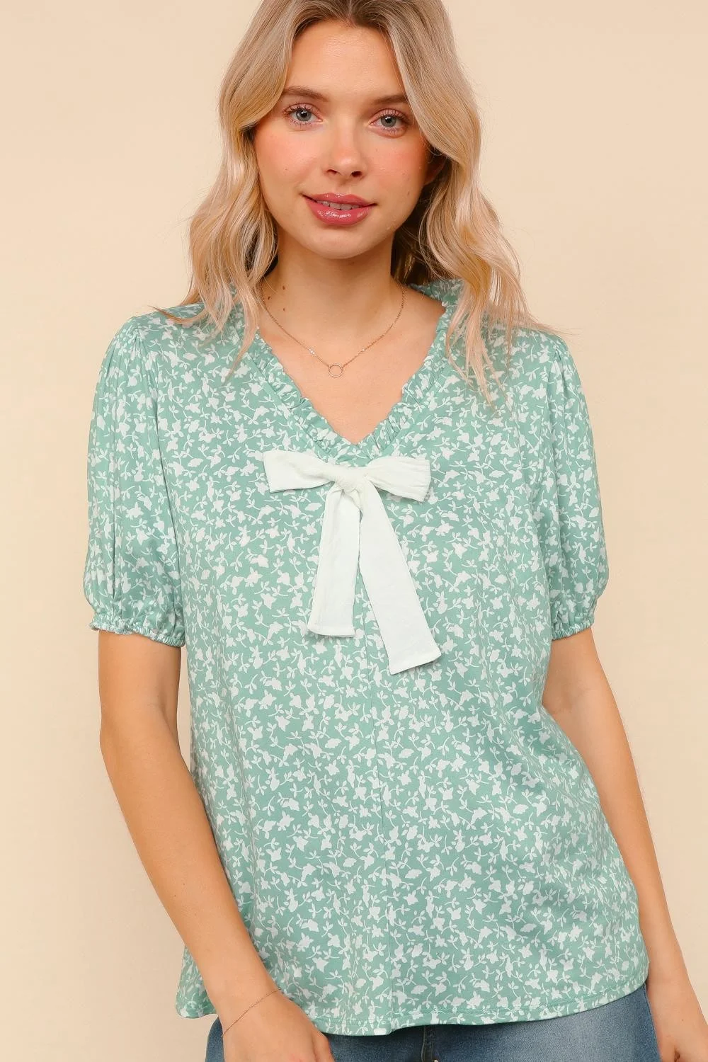 Plus Sage Ruffled V Neck W/ Tied Bow Floral Knit Top - Image 3