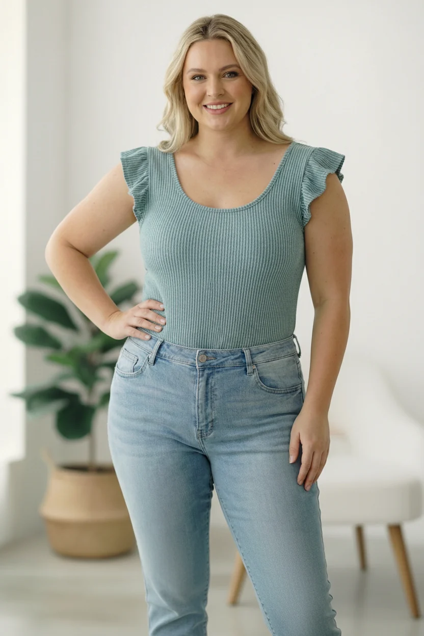 Plus Sage Wavy Rib Bodysuit Top - Image 3