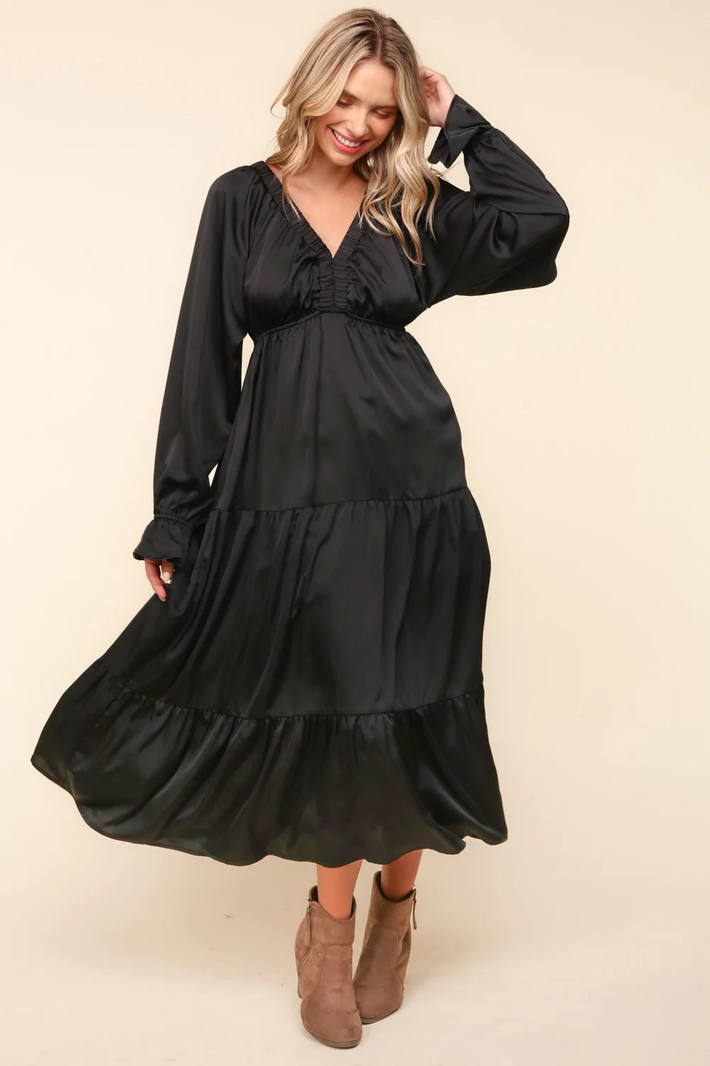 Satin Babydoll Elastic Bubble Long Sleeve Tiered Maxi Dress - Image 3