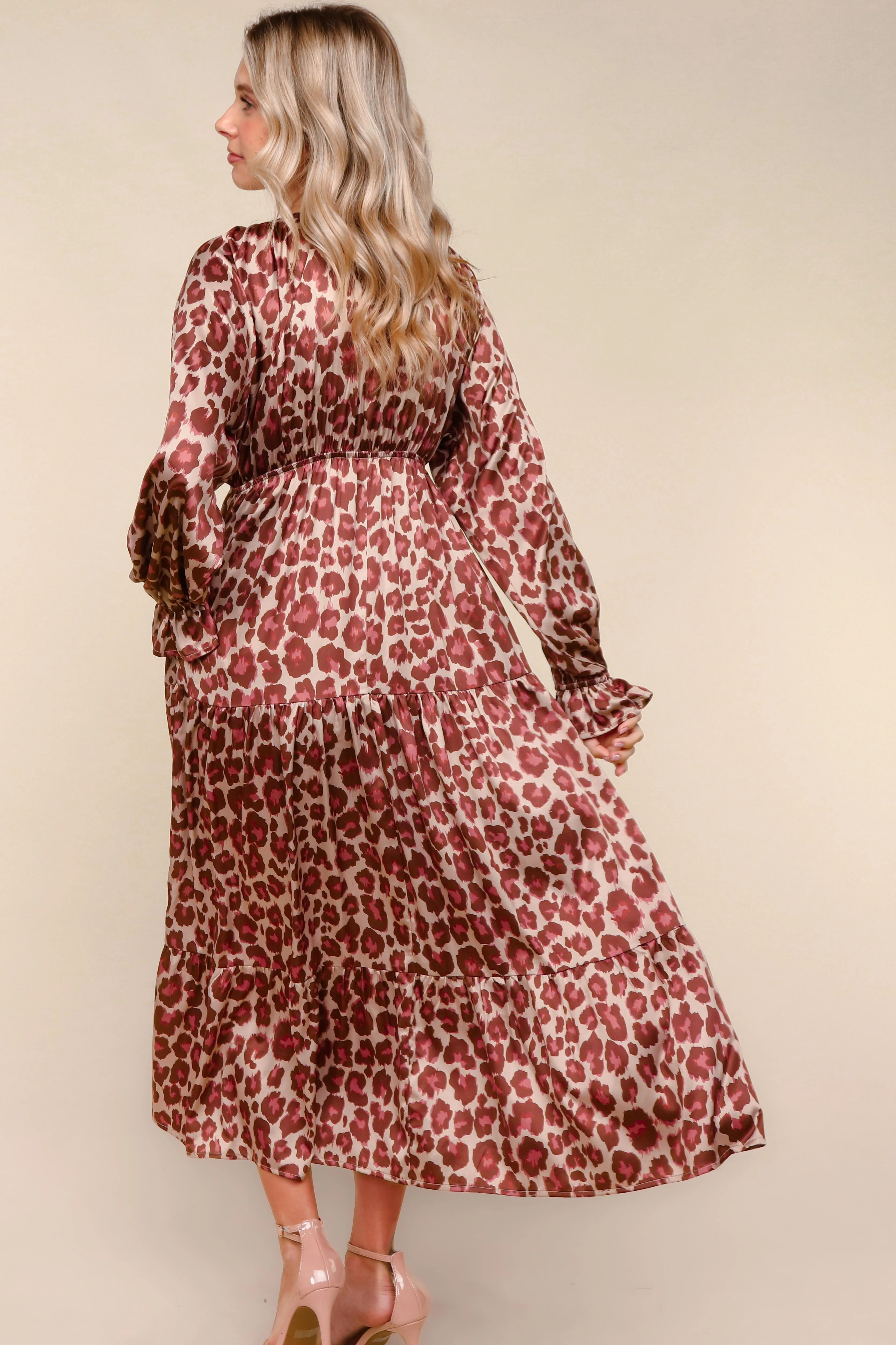 SATIN LEOPARD TIERED MAXI DRESS W/SIDE HOLIDAY POCKET - Image 5