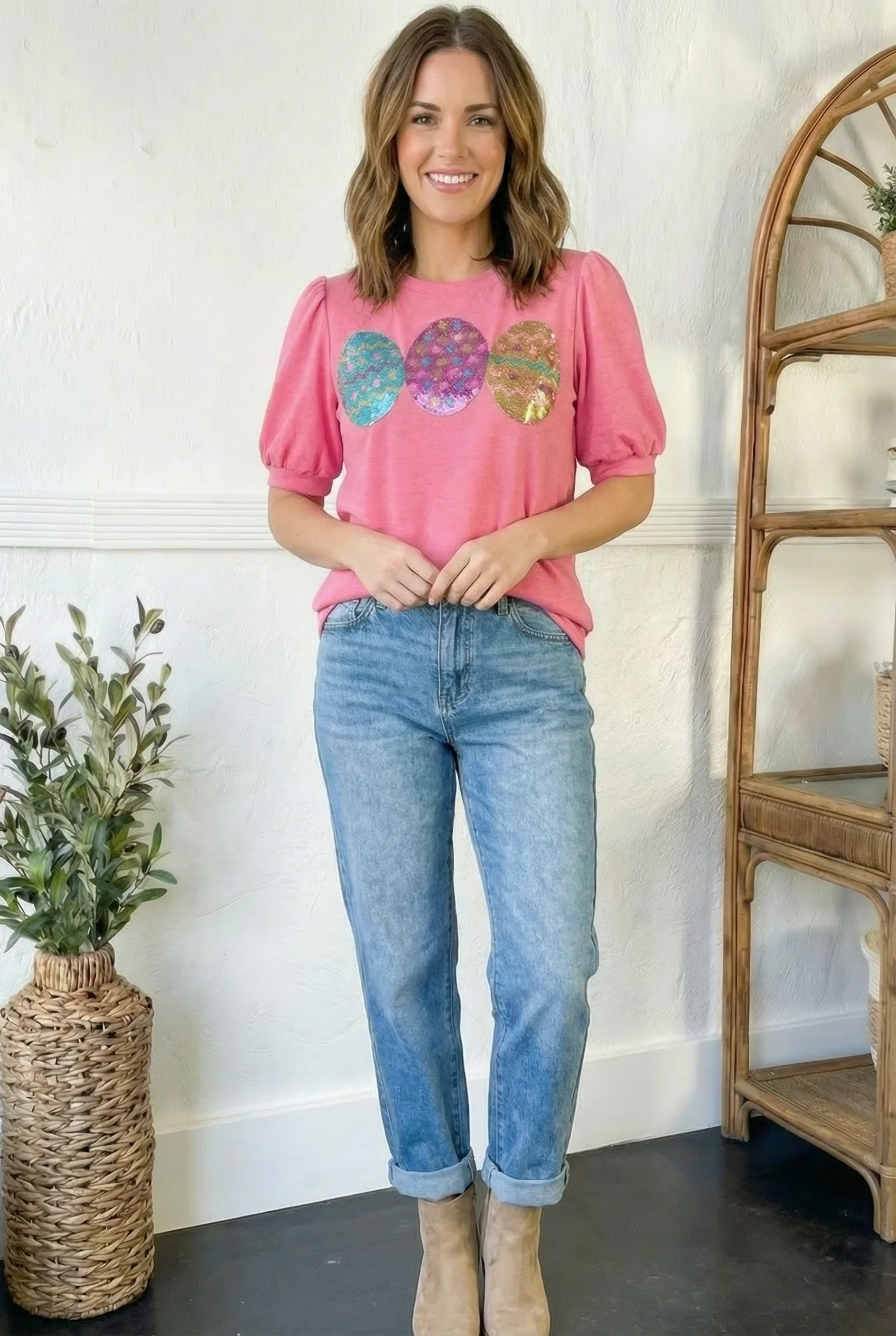 SEQUINS EASTER EGG PATCH KNIT TOP