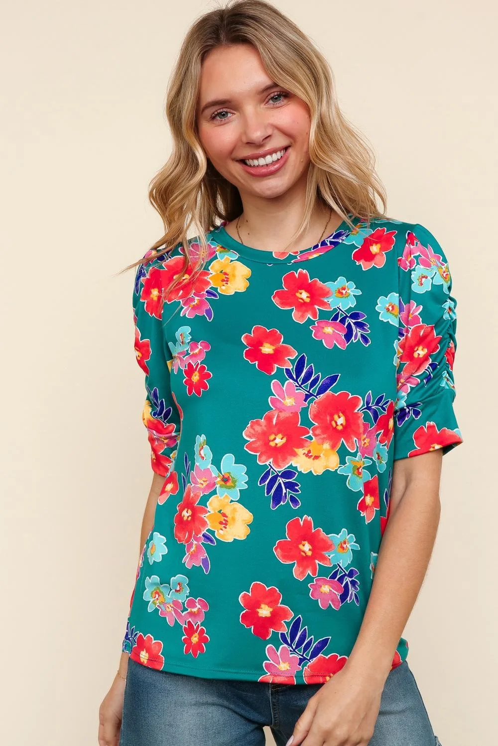 SHIRRING DETAIL BUBBLE SHORT SLEEVE KNIT TOP - Image 2
