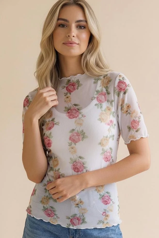 SHORT SLEEVE FLORAL PRINT MESH SEMI SHEER TOP - Image 5